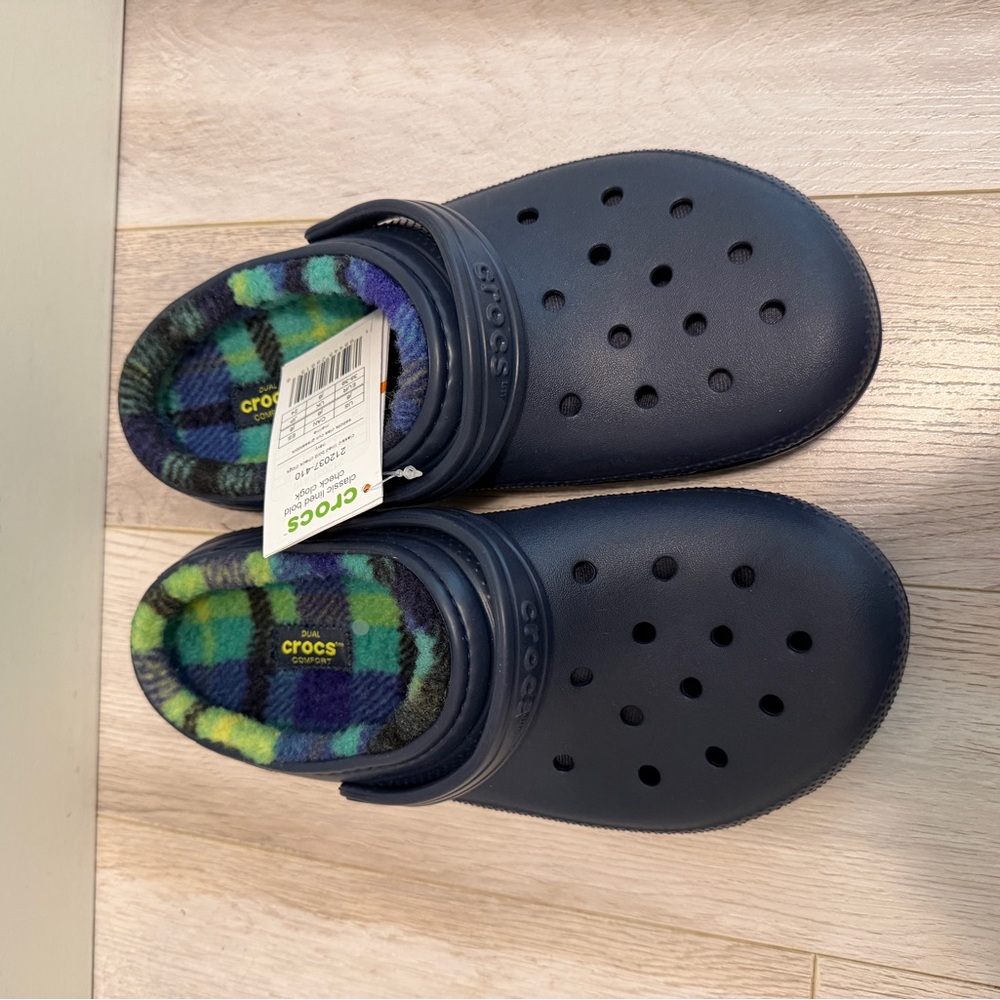 CROCS Kids Navy Slippers with Plaid Lining